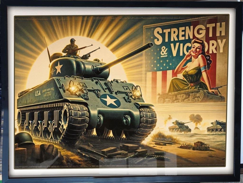 Unieke Leger WW2 Pin up Sherman tank poster in Lijst