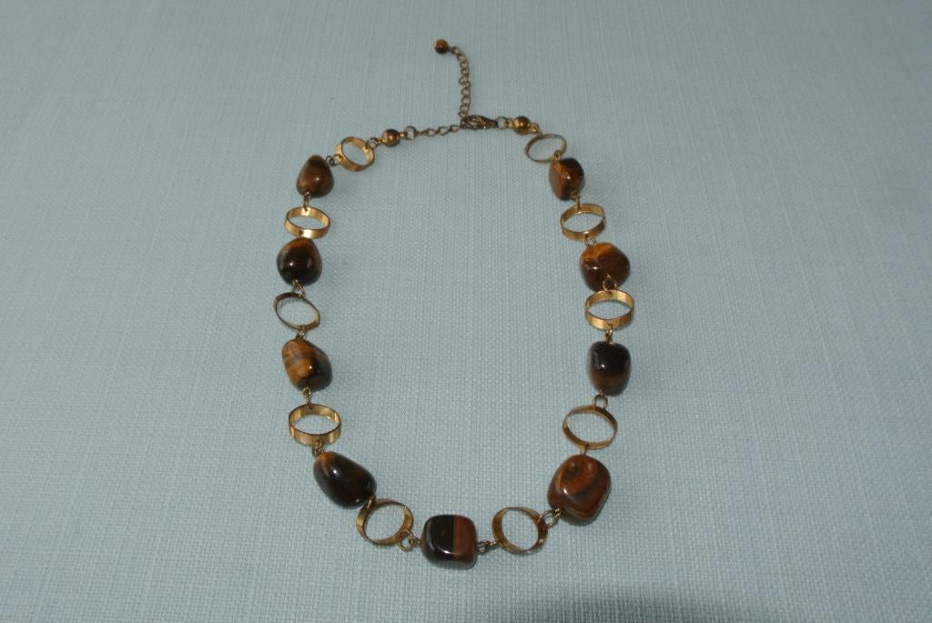 Tijgeroog ketting, vintage ketting, Sieraden, Tassen en Uiterlijk, Kettingen, Bruin, Ophalen of Verzenden, Zo goed als nieuw, Steen of Mineraal