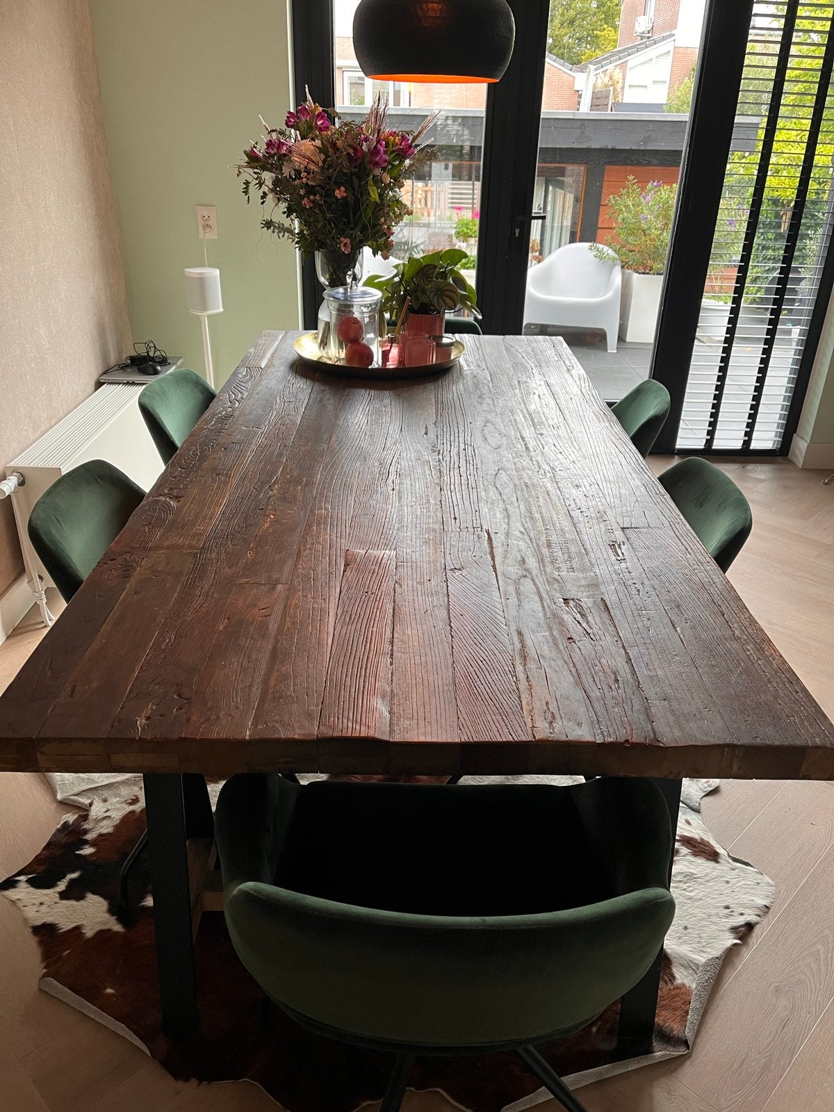 Robuuste, industriële houten eettafel met metalen onderstel, Ophalen, Gebruikt, Eikenhout, 200 cm of meer