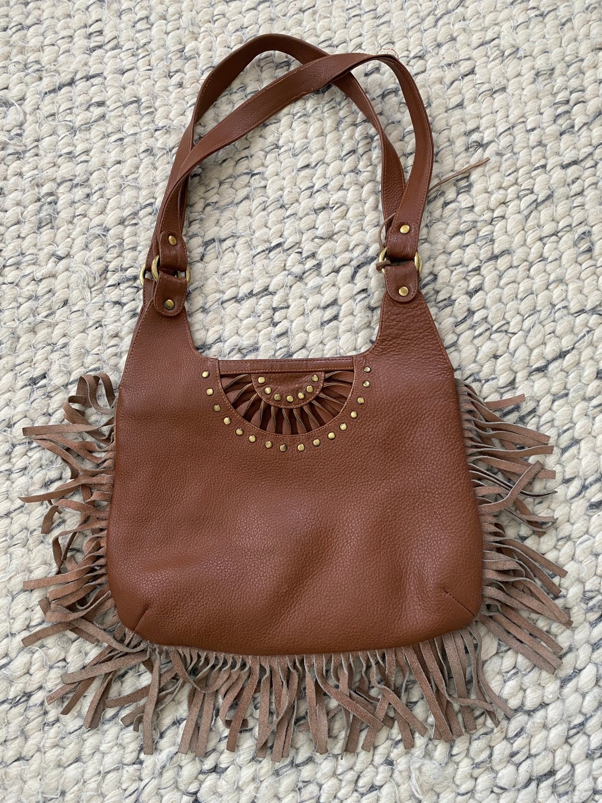 Leren tas boho Ibiza studs en franjes - gebruikt, Ophalen of Verzenden, Gebruikt, Bruin, Handtas