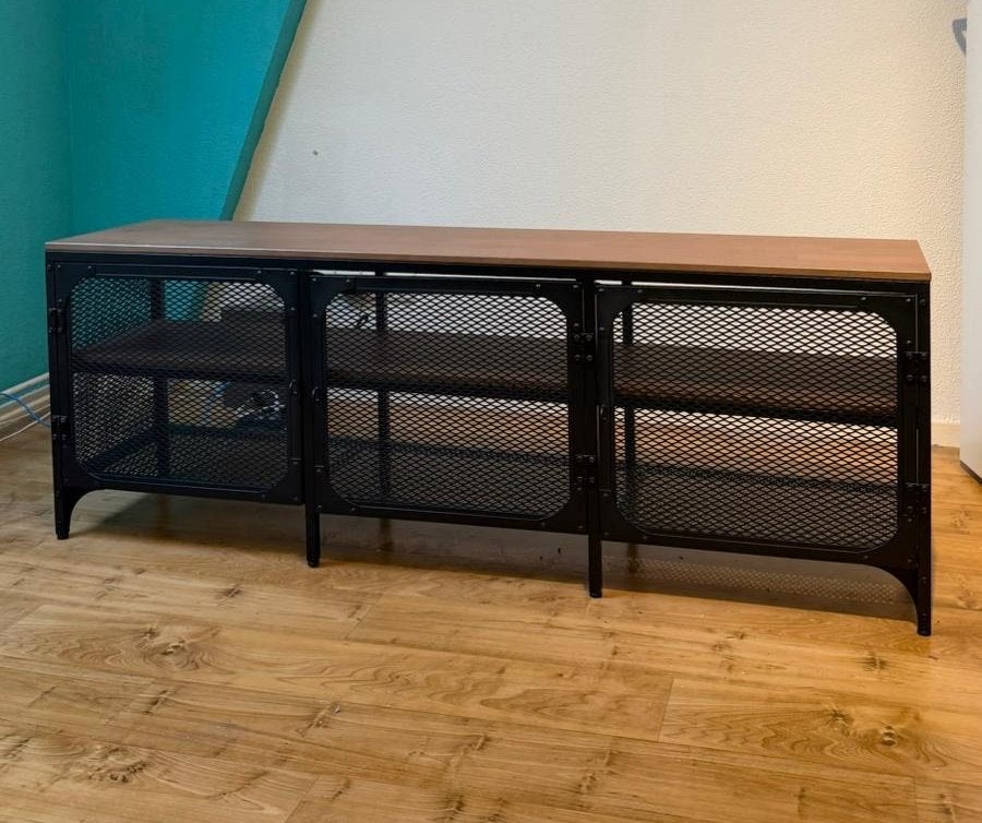 Industriële TV-meubel/dressoir met metalen deuren, Ophalen, Gebruikt, 150 tot 200 cm, 25 tot 50 cm