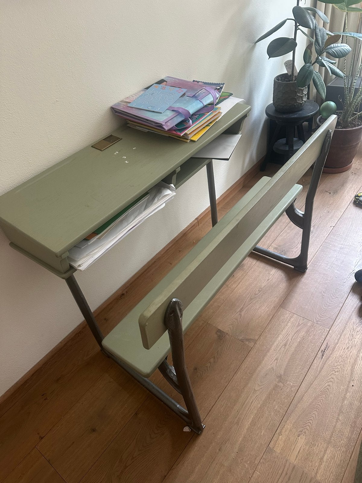 Vintage schoolbankje met bankje - Olijfgroen, Ophalen