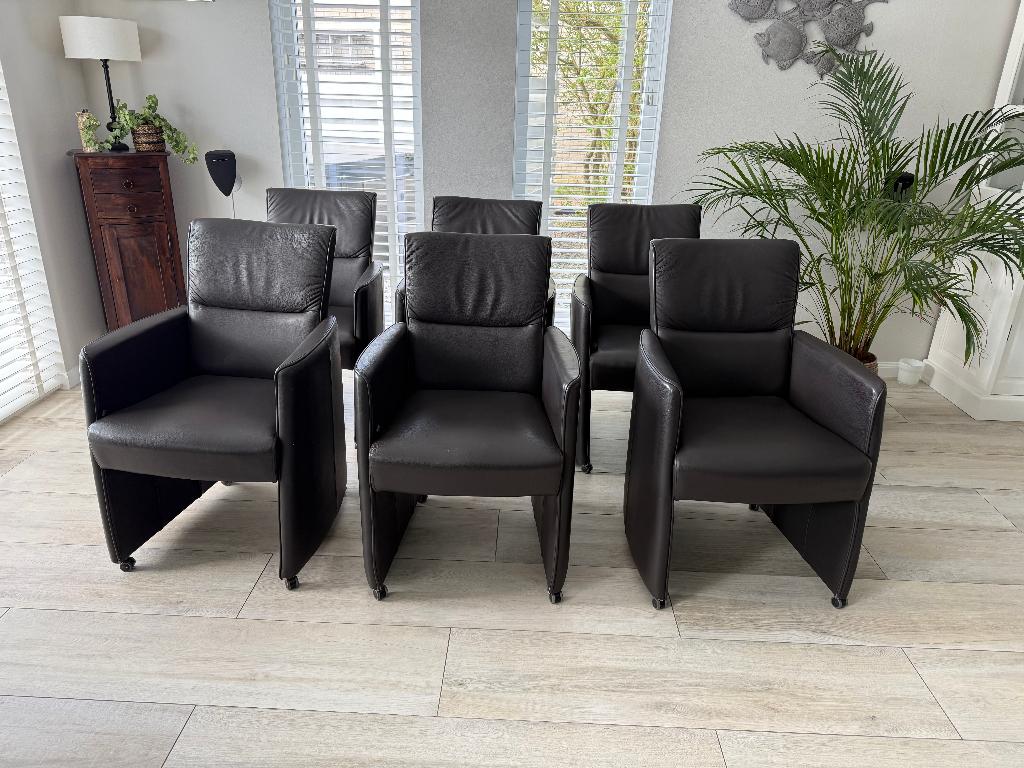 Eetkamerstoelen 6x leer met rugleuning verstelbaar, Ophalen, Bruin, Leer, Zo goed als nieuw