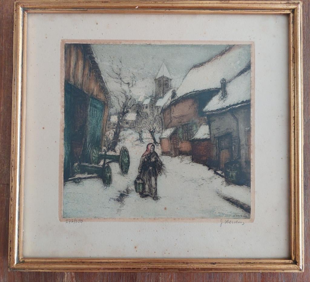 Winter .      Jacques Hervens., Antiek en Kunst, Kunst | Etsen en Gravures, Overige technieken, Genummerd, Gesigneerd, Ingelijst