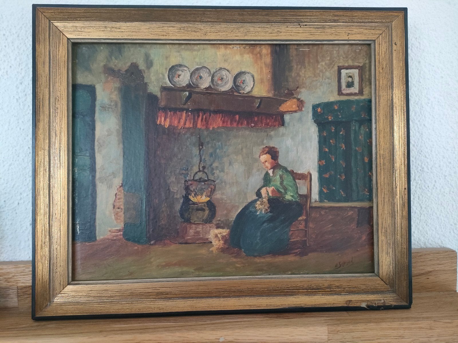 Oud schilderij: Vrouw bij haardvuur, gesigneerd E. Jansen, Antiek en Kunst, Ophalen of Verzenden