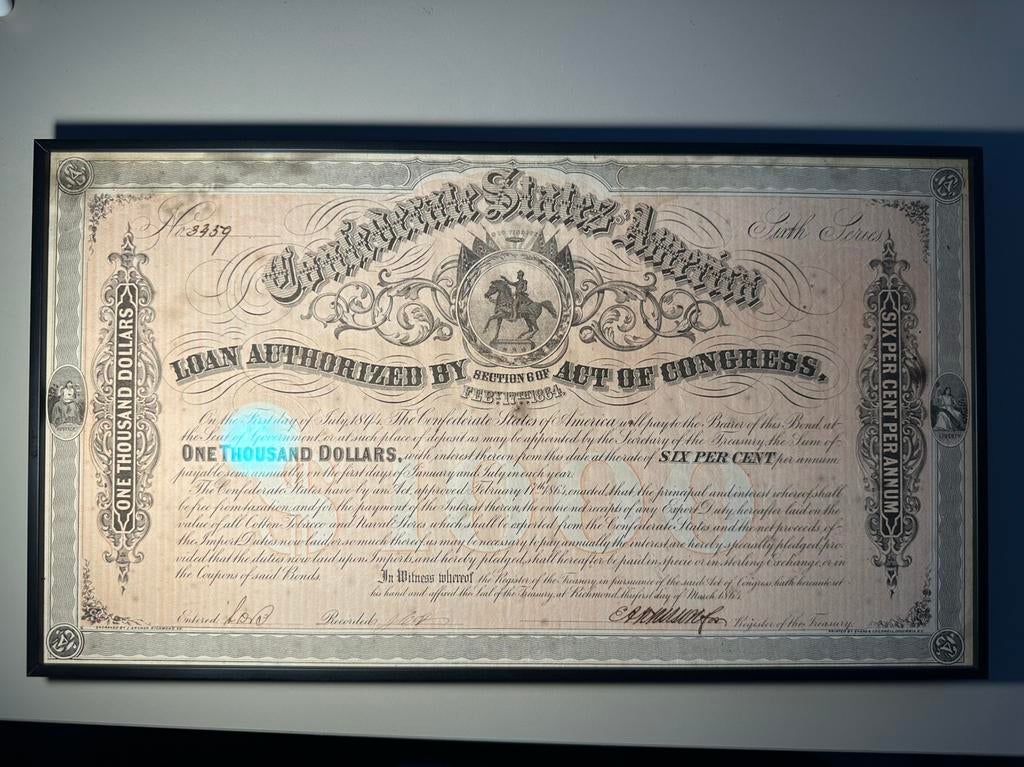 Confederate 1000 Dollar Loan origineel gesigneerd ingelijst, Ophalen of Verzenden, Landmacht, Nederland