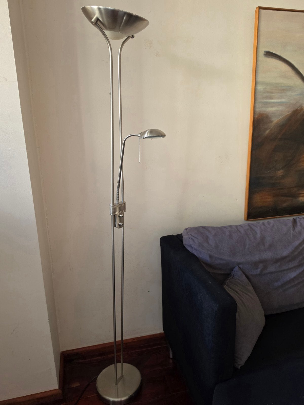 Stijlvolle RVS Hallogeen Vloerlamp met Leeslamp - Dimbaar, Huis en Inrichting, Ophalen, Overige fittingen, Zo goed als nieuw, Modern, Tijdloos