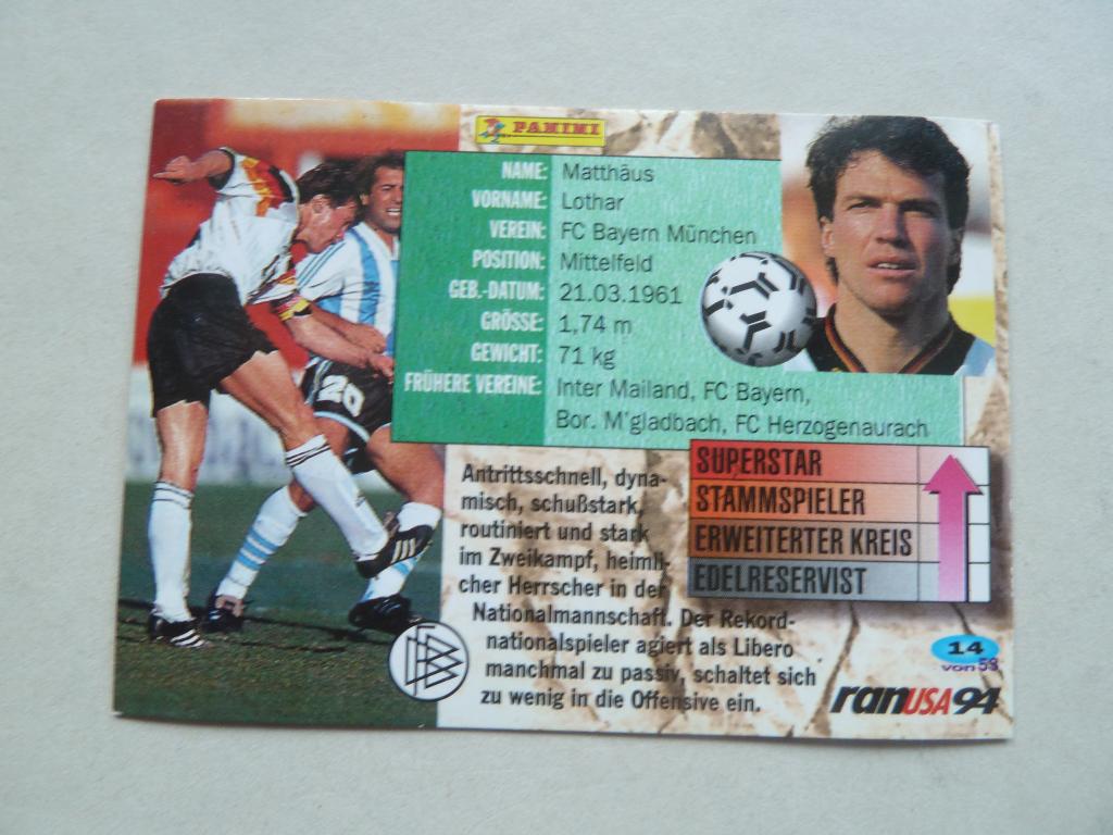 Panini Ran USA 94 card Lothar.Matthaus Weltmeisterschaft, Ophalen of Verzenden, Zo goed als nieuw, Buitenlandse clubs, Overige typen