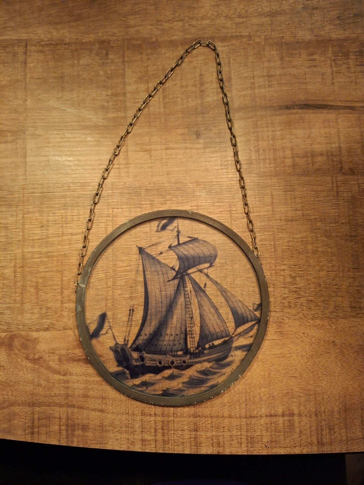 Vintage Delfts Blauw Schilderij Zeilschip in Ronde Lijst, Ophalen of Verzenden