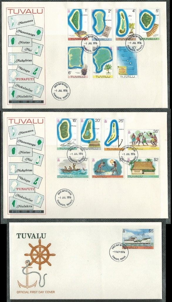 TUVALU 1976 Frankeerserie van 15 op drie FDC's., Verzenden, Gestempeld