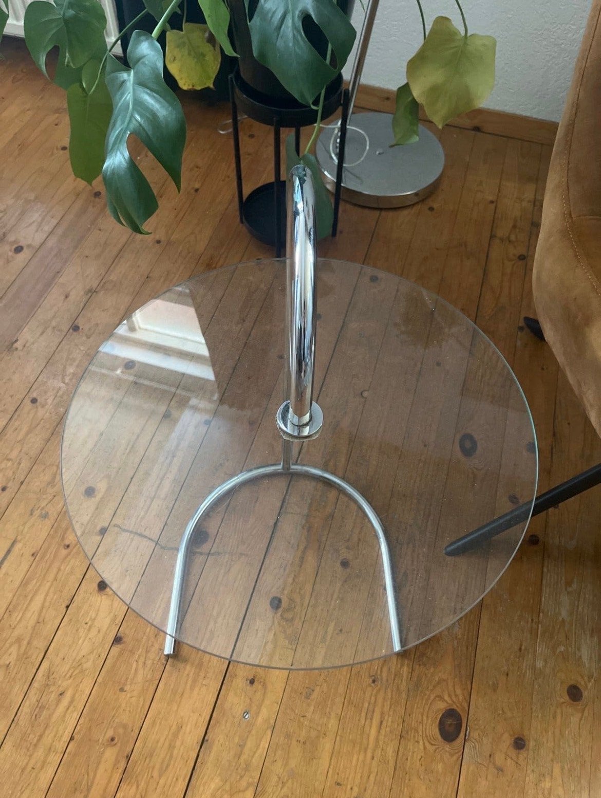 Glazen bijzettafel met RVS poot, Ophalen, Gebruikt, Rond, Glas