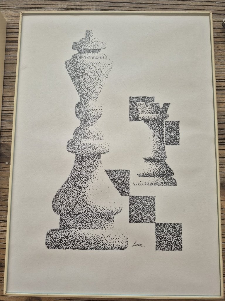 Loek Bosman 2 originele gesigneerde pentek. met schaakthema, Antiek en Kunst, Ophalen of Verzenden, Tekening, Pentekening, Ingelijst
