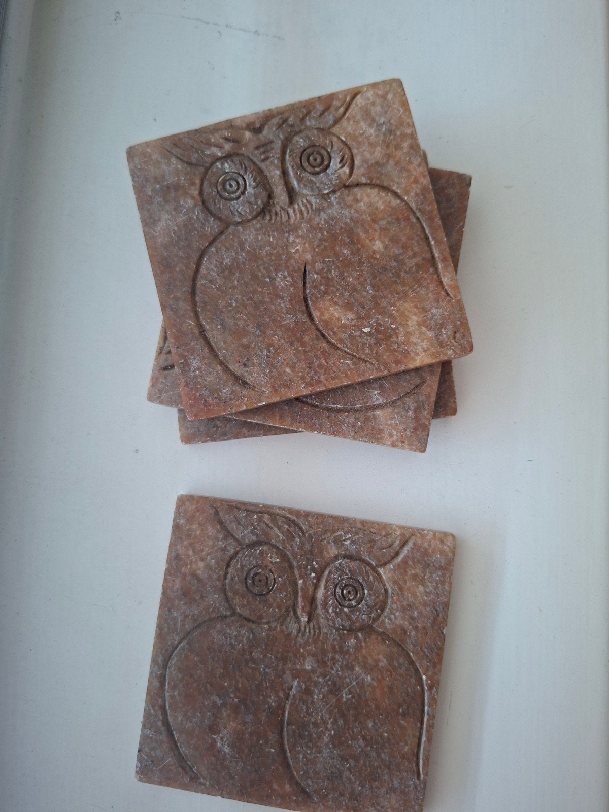 4x vintage onderzetter steen/marmer met uil, Ophalen of Verzenden, Handgemaakt