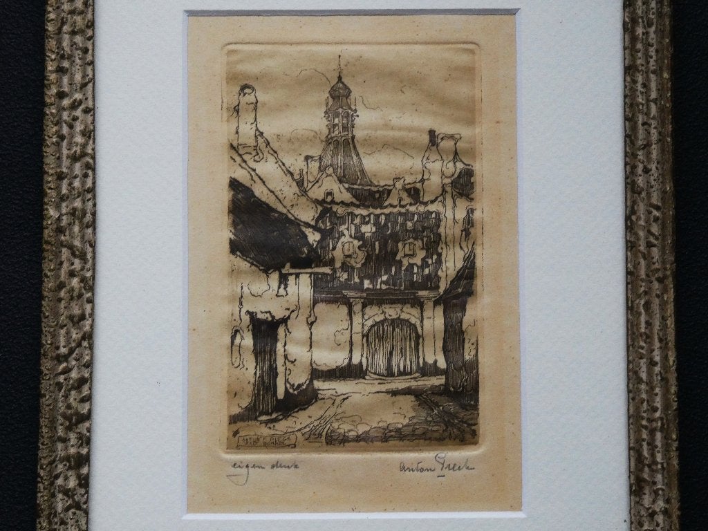Anton Pieck originele ets Straatje Zalt-Bommel Zaltbommel, Ingelijst, Ets, Stadsgezicht, Ophalen of Verzenden