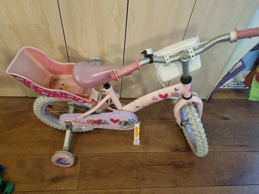 Kinderfiets meisje paw patrol 14 inch, Ophalen, Terugtraprem, Zijwieltjes, Gebruikt