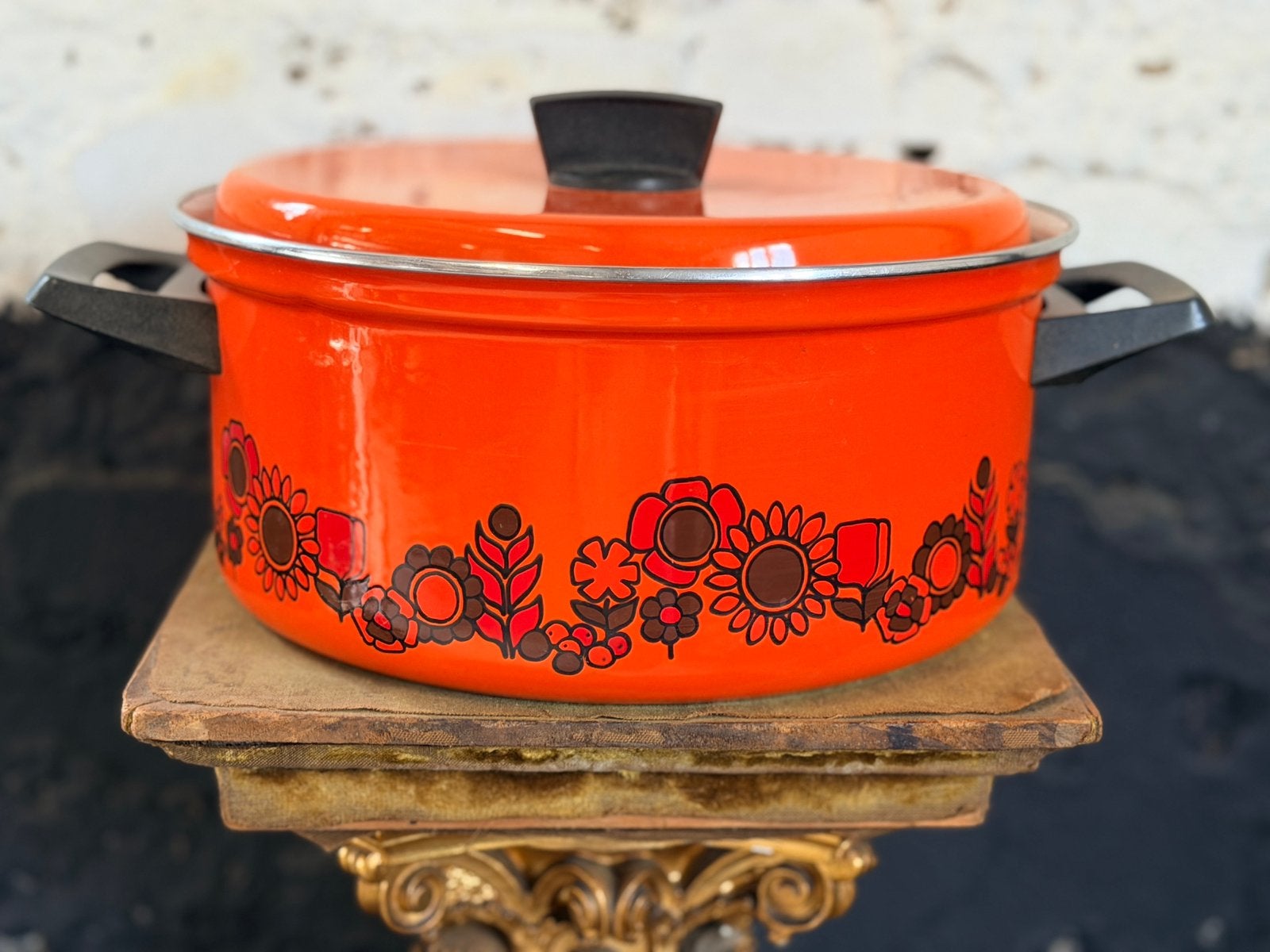 vintage Brabantia emaille pan oranje bloemen Diane groot, Huis en Inrichting, Met deksel, Ophalen of Verzenden, Gebruikt, Overige materialen