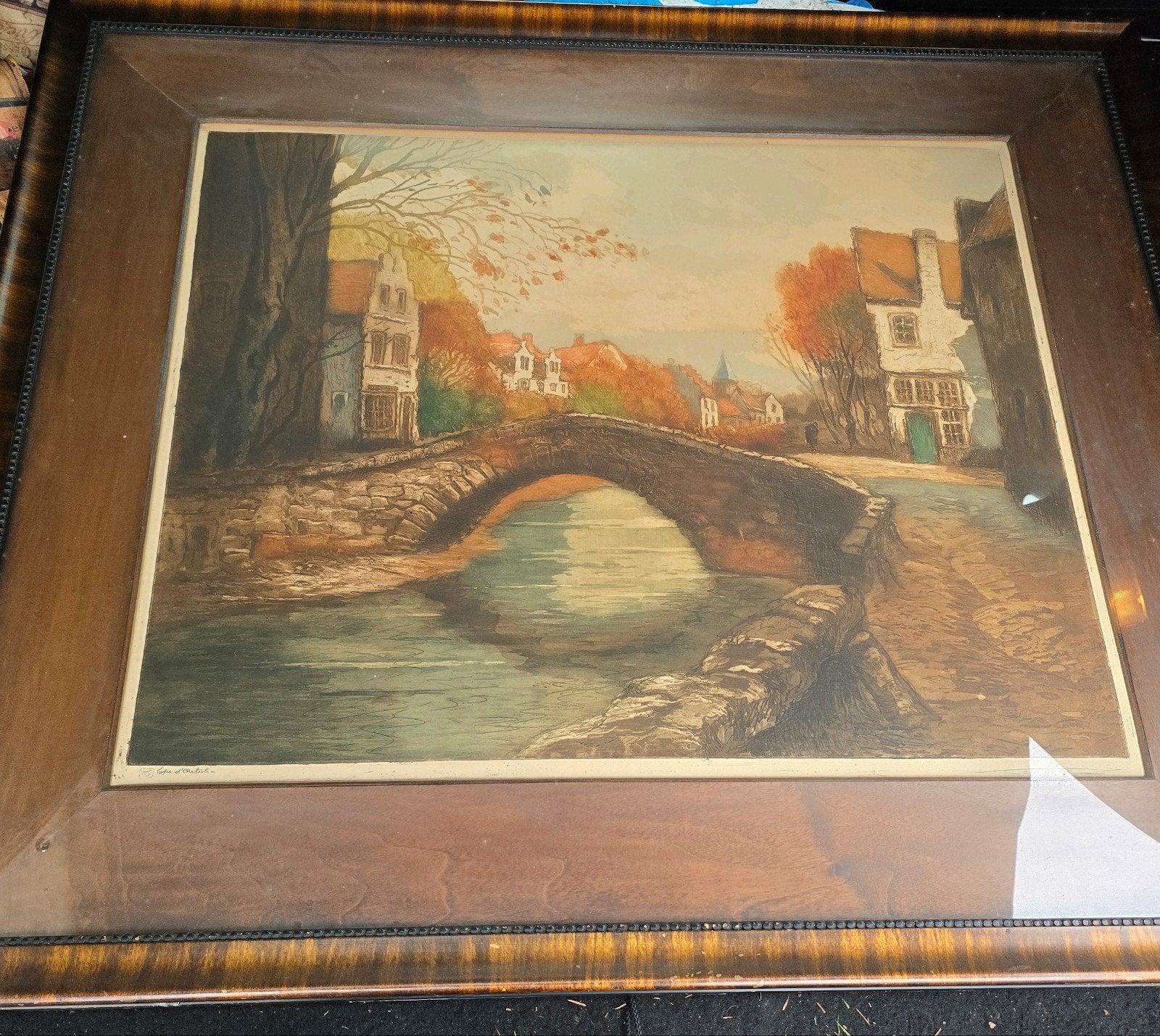 Oude ets van een brug over een rivier in een dorp, Ets, Landschap, 1900 - 1949, Gesigneerd