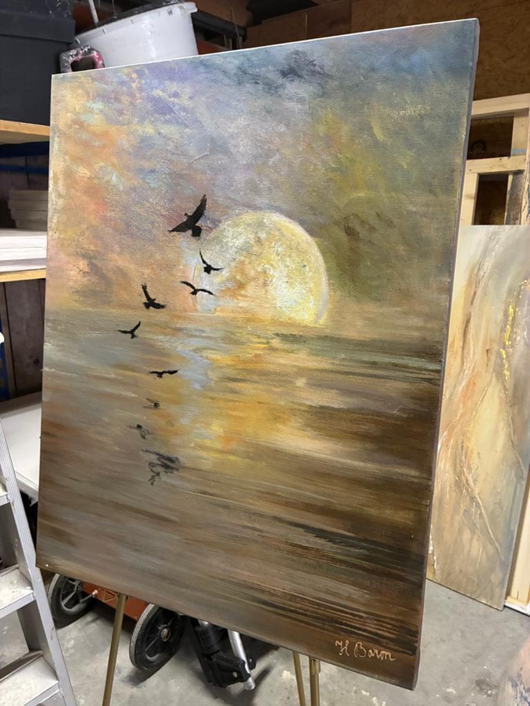 Schilderij Zonsondergang met Vogels - 70x90 cm, Antiek en Kunst, Ophalen