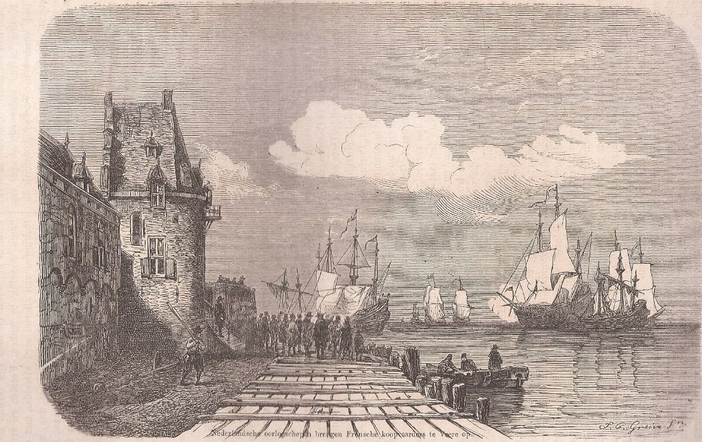 Veere Nederlandsche oorlogsschepen brengen Franse koopvaar, Gesigneerd, 1800 - 1899, 19 cm, Ophalen of Verzenden