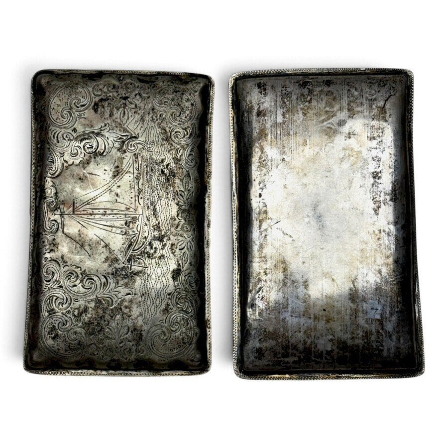 19e eeuwse zilveren tabaksdoos met zeilboot, 1882, Antiek en Kunst, Ophalen of Verzenden