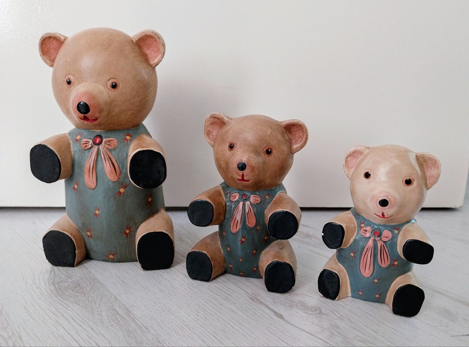 Set van 3 vintage  houten beertjes - decoratie, Ophalen of Verzenden, Gebruikt