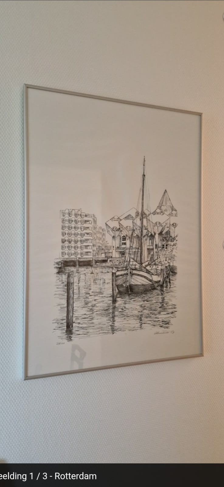 Gesigneerde en genummerde pentekening Rotterdam, Ophalen of Verzenden, Tekening, Pentekening, Gesigneerd