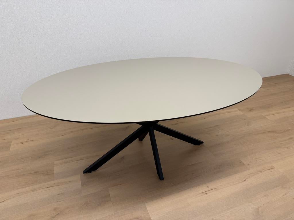 Ovale eettafel HPL Beige 180x110 - Direct Leverbaar, 100 tot 150 cm, Ophalen of Verzenden, Zo goed als nieuw, 150 tot 200 cm