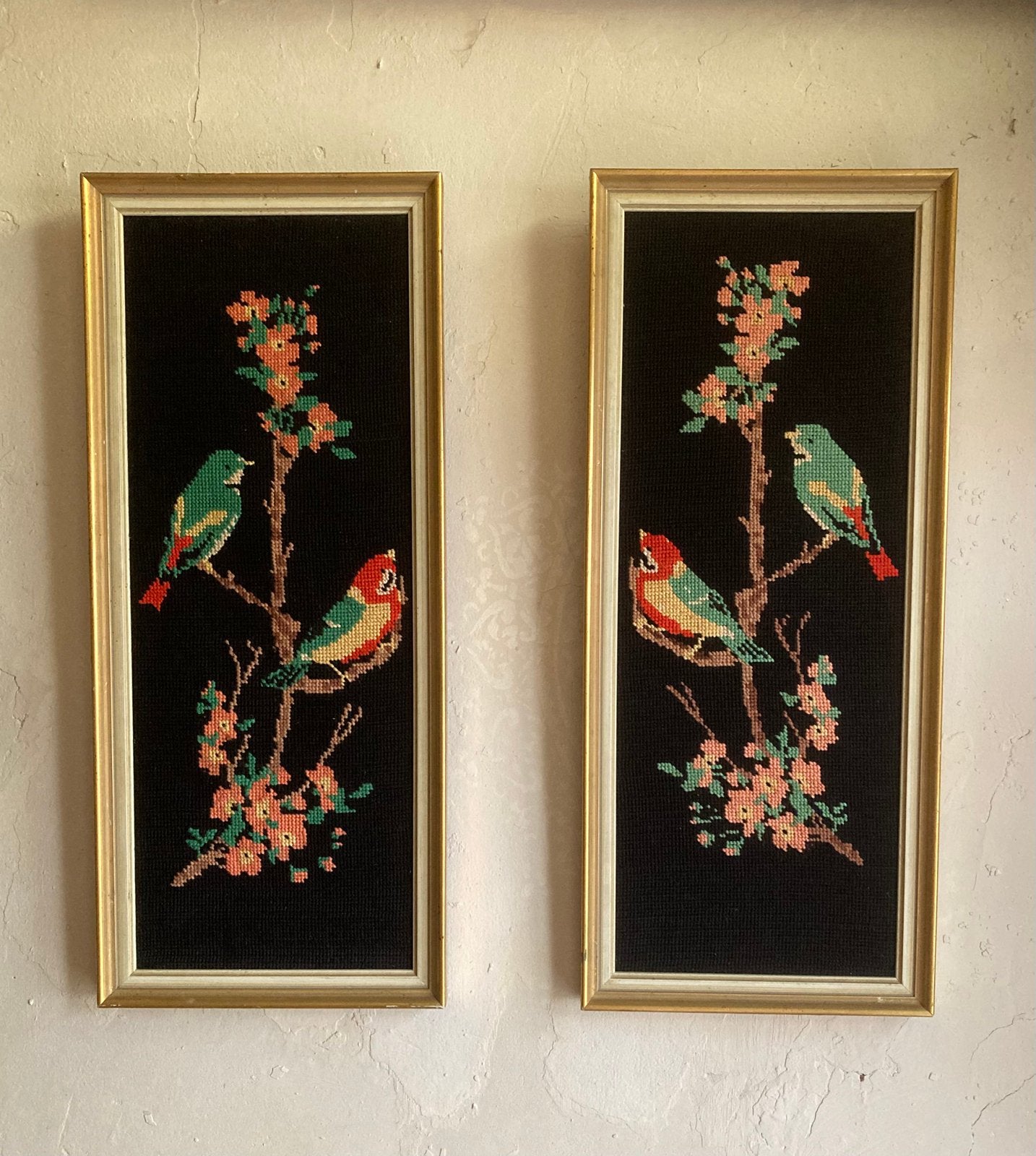 🌻 Brocante vintage geborduurde schilderijen vogels uit, Ophalen