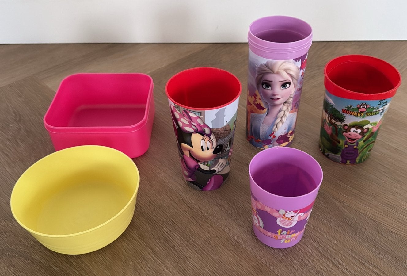 Bakjes bekers picknick kids minnie mouse peppa pig elsa, Overige materialen, Ophalen of Verzenden, Zo goed als nieuw, Overige stijlen