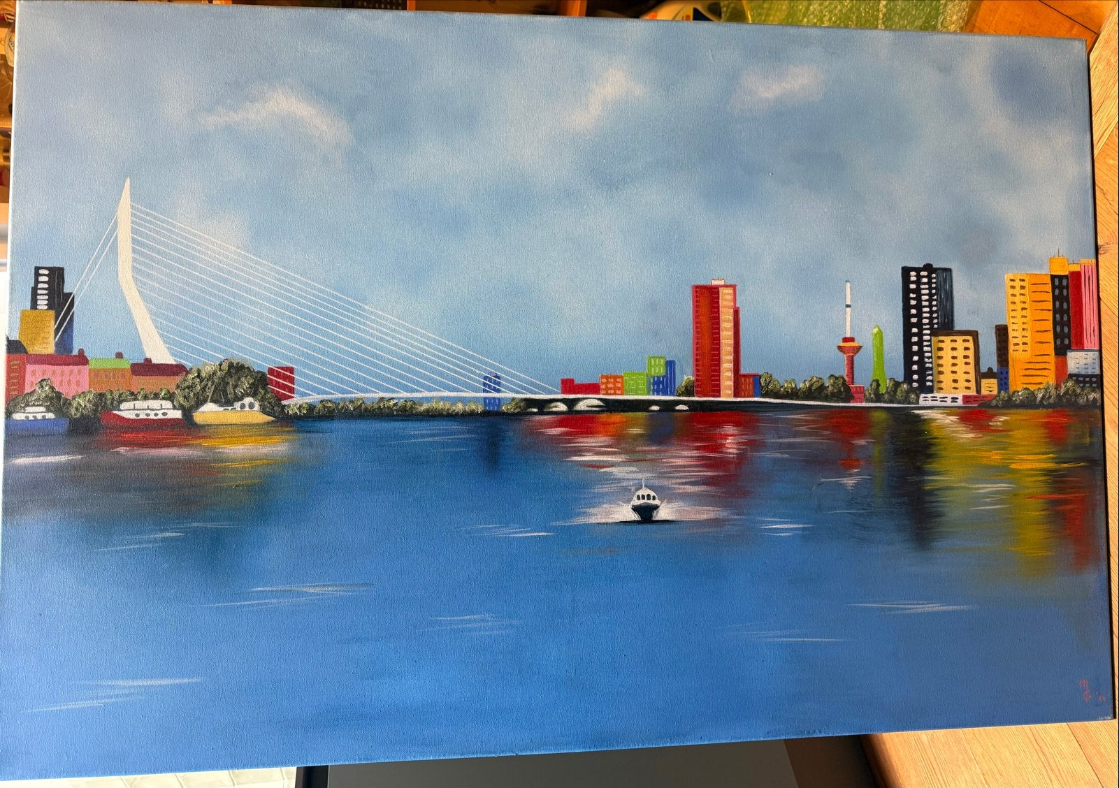 Schilderij Rotterdamse skyline met Erasmusbrug, Ophalen, Acrylverf, Handgeschilderd, Stadsgezicht