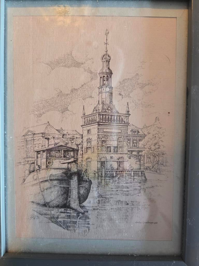 Prent in lijst alkmaar accijns toren, Antiek en Kunst, Ophalen of Verzenden