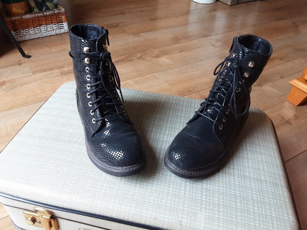 Nelson Zwarte Leren Veterboots / Biker Boots - Maat 37, Ophalen, Zwart, Lage of Enkellaarzen, Zo goed als nieuw
