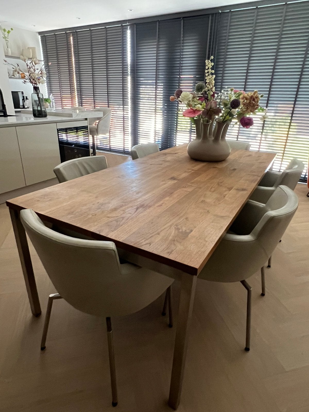 Eethoek met 6 leren stoelen, Huis en Inrichting, Tafels | Eettafels, Ophalen, Gebruikt, 200 cm of meer, 50 tot 100 cm