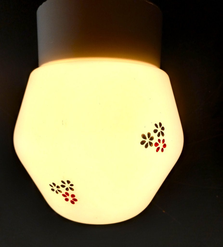 Vintage Plafondlamp / Wit Glas met Bloemenmotief / Jaren 70, Gebruikt, Vintage, Wit, Plafondlamp