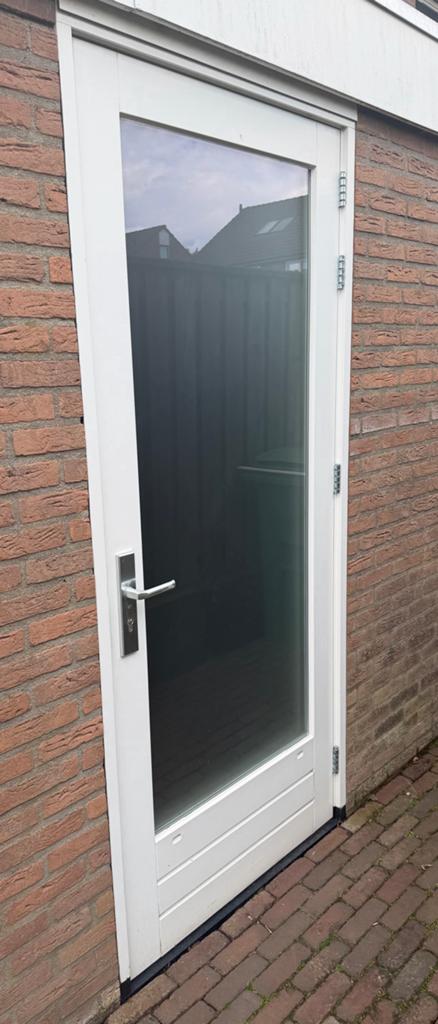 Hardhouten deur met dubbel melkglas en 3-puntsslot, Ophalen, Gebruikt, 80 tot 100 cm, 215 cm of meer