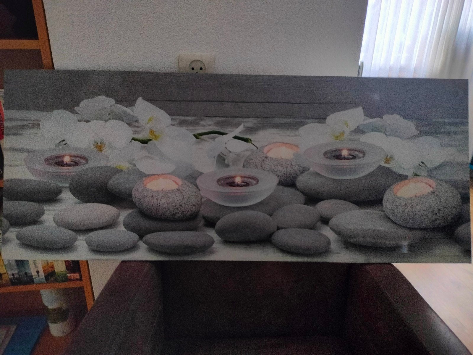 Canvas schilderij met orchideeën en zen stenen - 100x40 cm, Gebruikt, Ophalen of Verzenden, Schilderij, 75 tot 100 cm