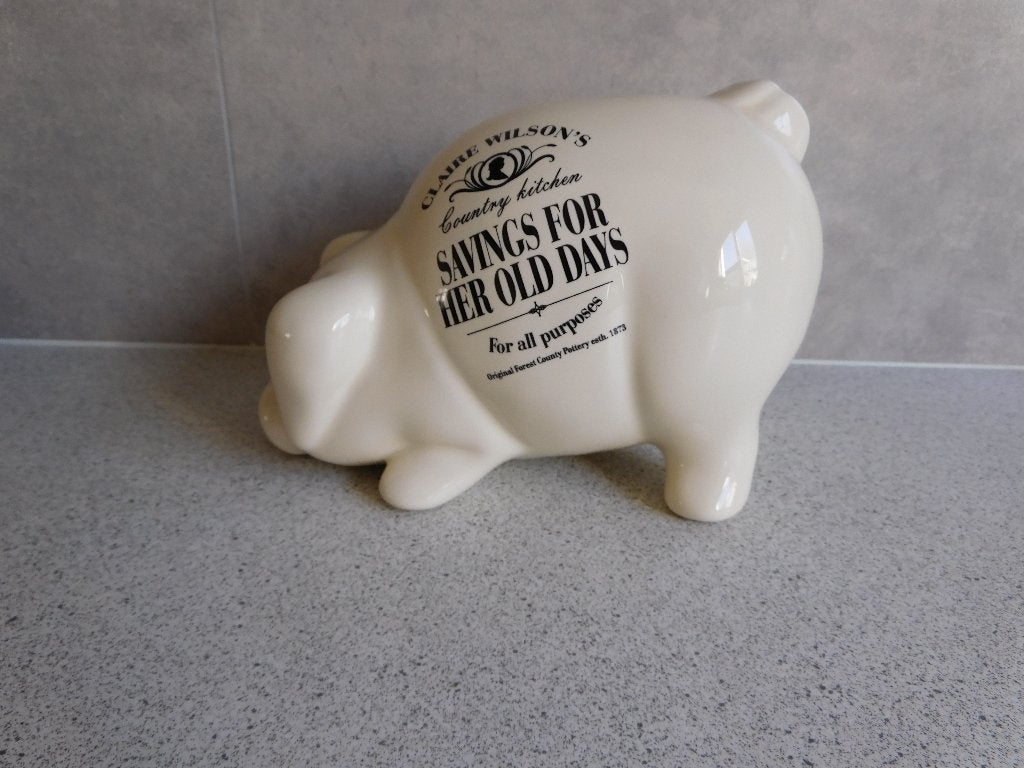 Spaarpot Varken Savings for her Old days Claire Wilson, Verzamelen, Spaarpotten, Ophalen of Verzenden, Zo goed als nieuw, Steen, Aardewerk of Keramiek