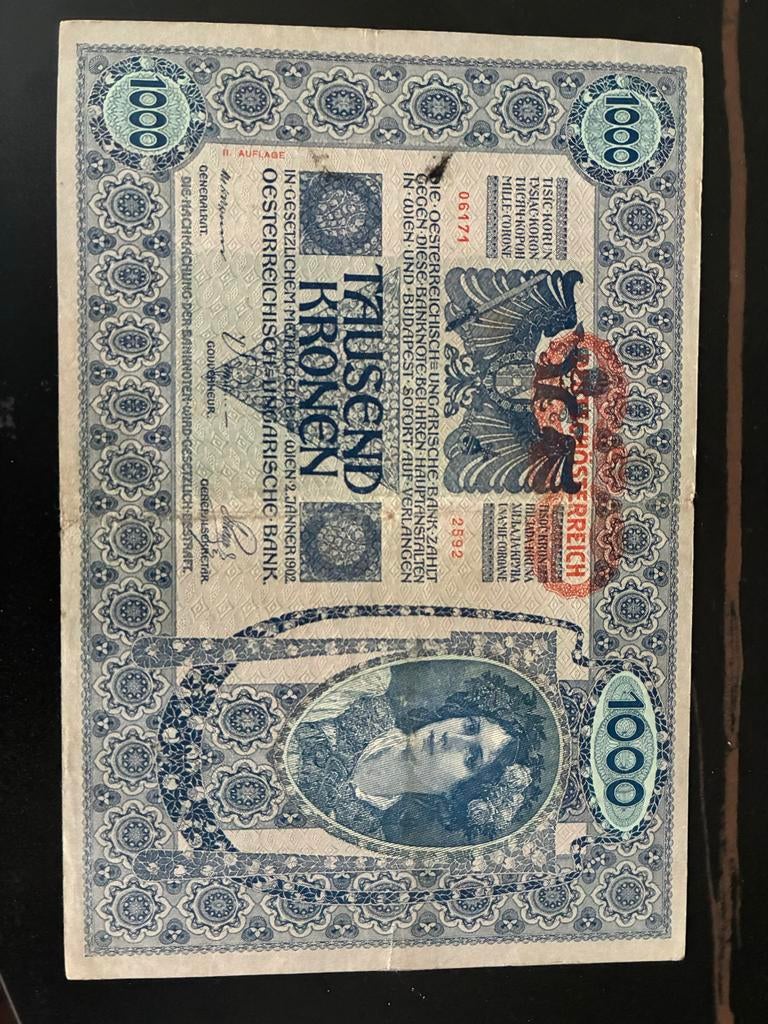 Oostenrijkse 1000 Kronen bankbiljet uit 1902, Postzegels en Munten, Ophalen, Oostenrijk, Los biljet