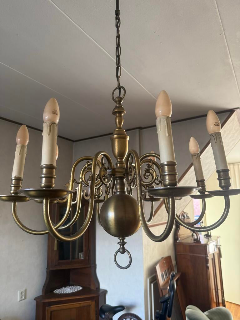 Antieke koperen Kroonluchter met 8Lichtpunten, Antiek en Kunst, Ophalen