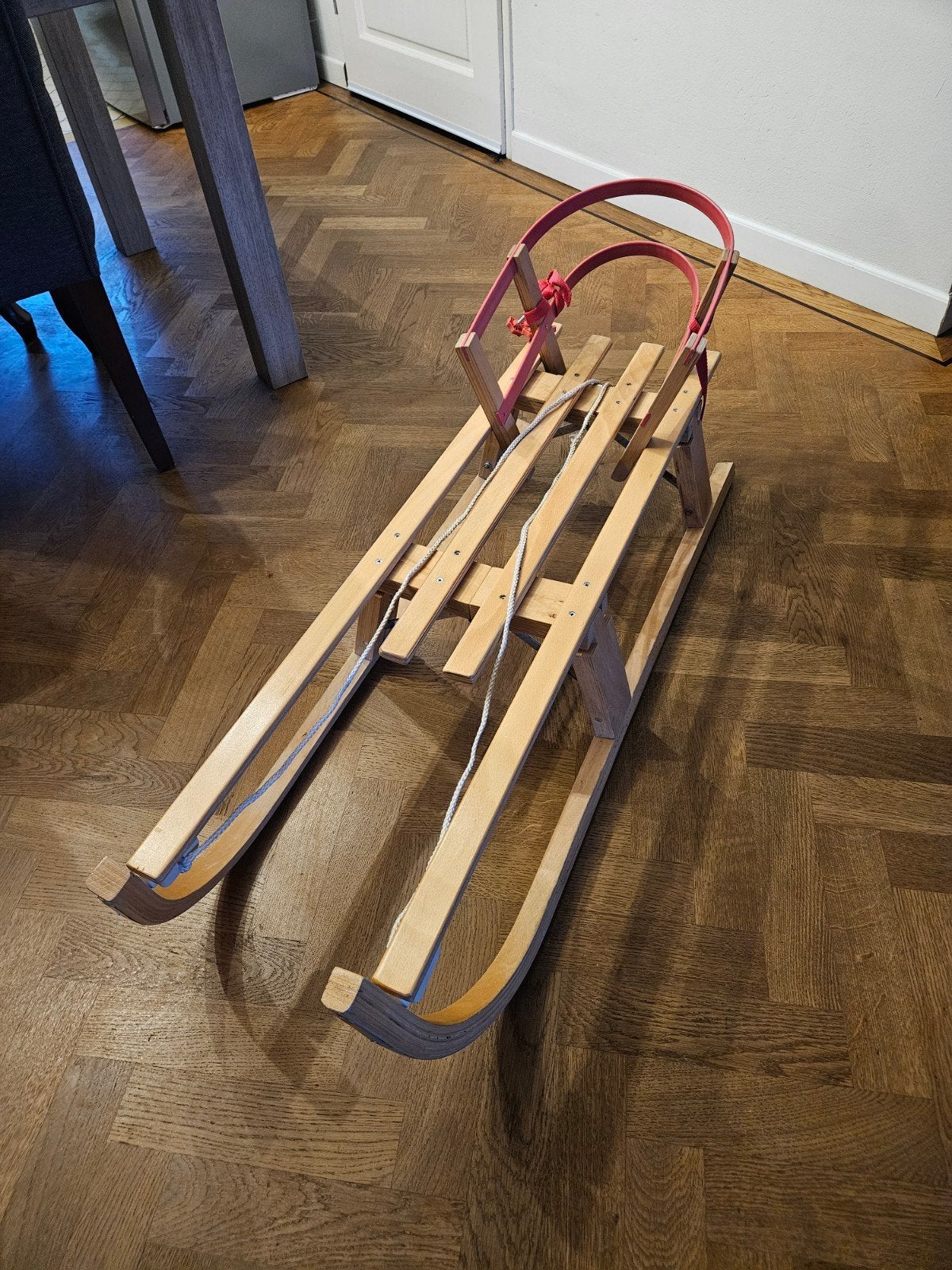 houten slee, Ophalen, Rugleuning, Gebruikt, Hout