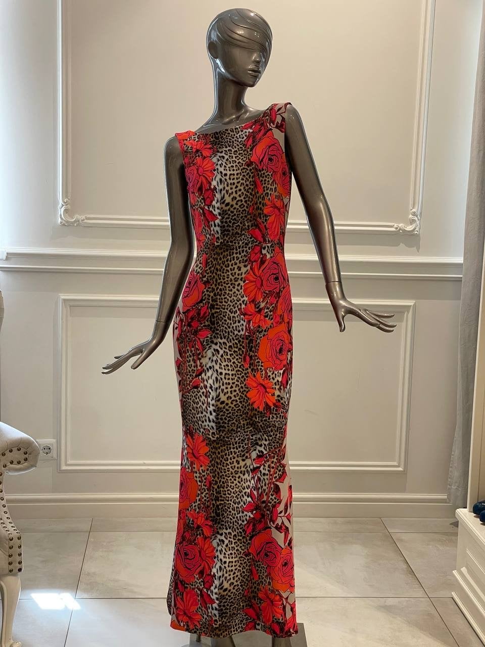 Blumarine Maxi Jurk met Luipaardprint en Rode Rozen, Maat 38/40 (M), Bruin, Ophalen of Verzenden, Zo goed als nieuw
