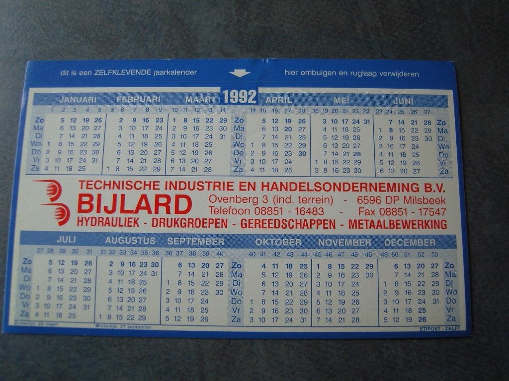 sticker kalender 1992 milsbeek BIJLARD tech industrie, Ophalen, Zo goed als nieuw
