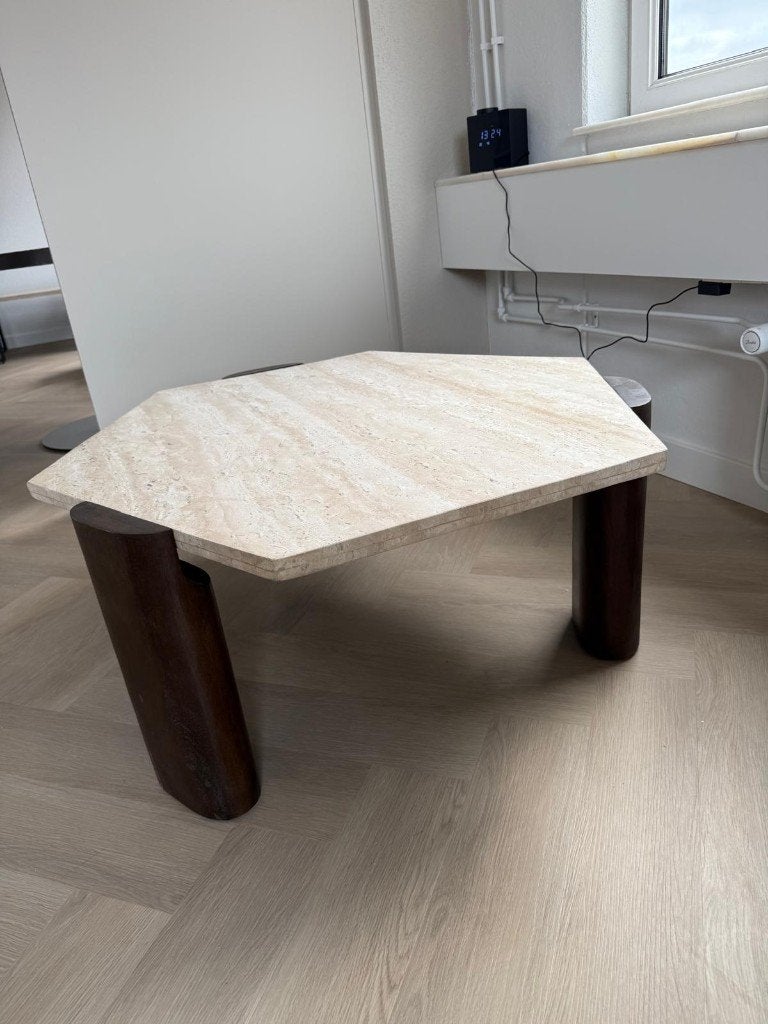 Hexagon salontafel travertinlook | Design | Japandi | Outlet, Ophalen, 3194DD, 100 tot 150 cm, Nieuw