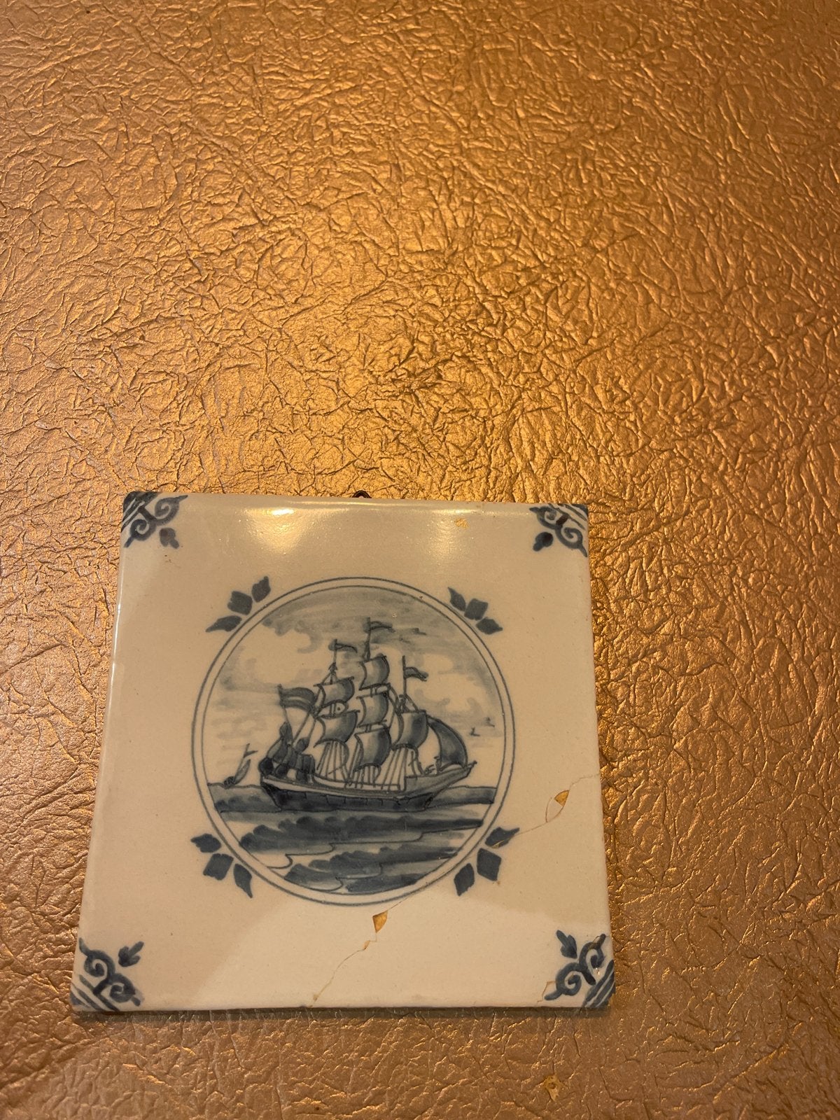 Antieke Delfts Blauwe Tegel met Schip - Handgeschilderd, Ophalen of Verzenden