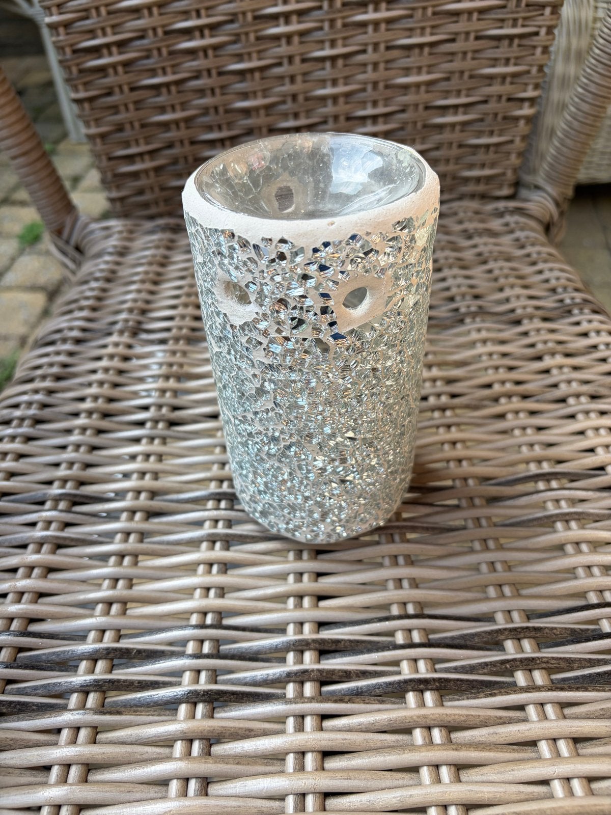 Zilverkleurige Mozaïek Waxine wax brander, Ophalen, Gebruikt, Waxinelichthouder, Glas