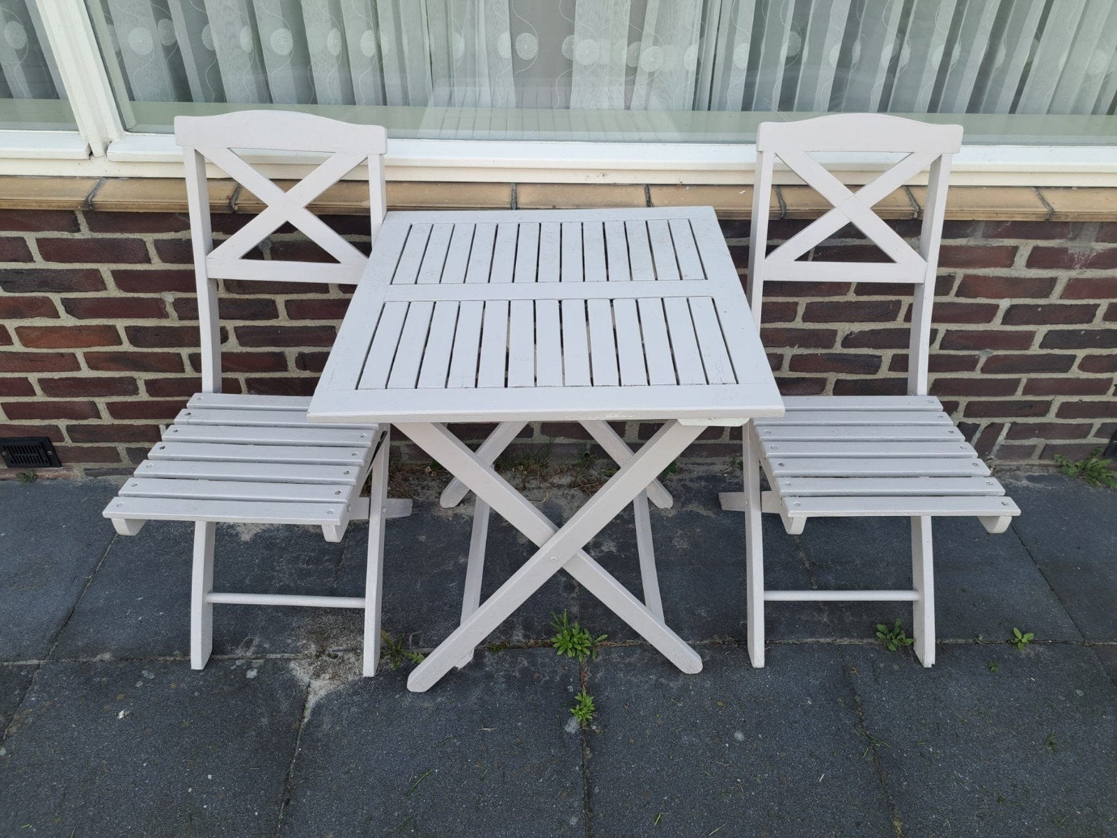 Bistro set voor balkon/kleine tuin (tafel + 2 stoelen), Gebruikt, Tuinset, Hout, Eettafel