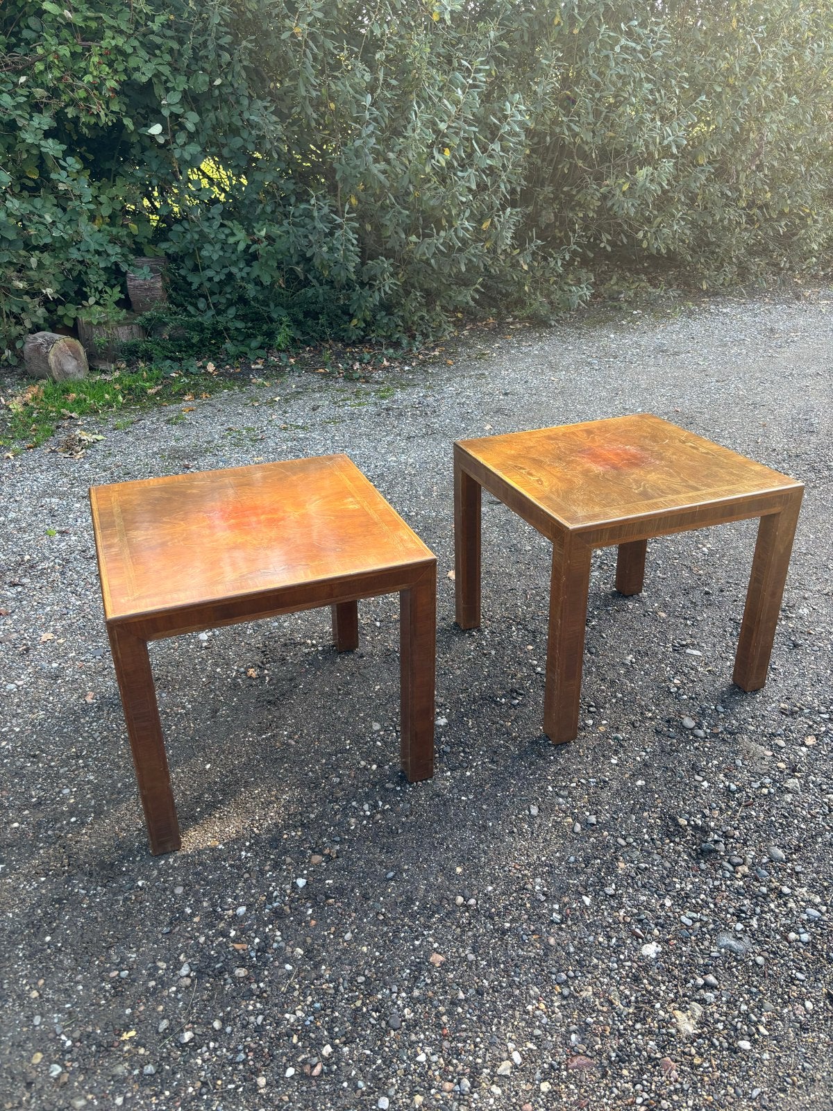 Set van 2 vintage houten bijzettafels, Ophalen, Minder dan 45 cm, Minder dan 55 cm, Gebruikt