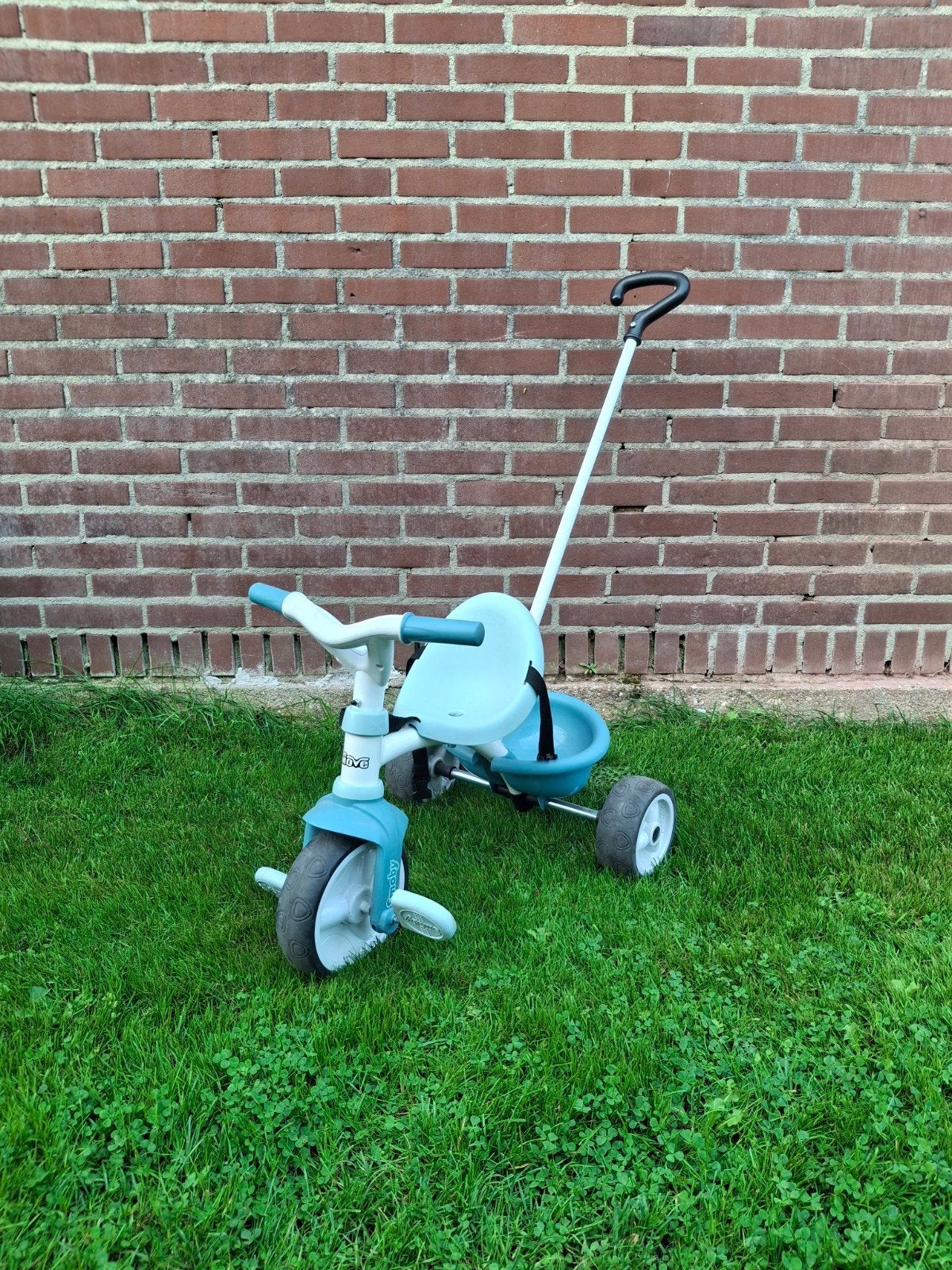 Smoby driewieler met duwstang - blauw, Ophalen, Zo goed als nieuw, Smoby, Duwstang
