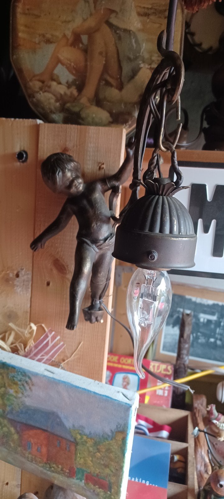 2 bronzen kloosterlampjes met cherubijn, Ophalen of Verzenden