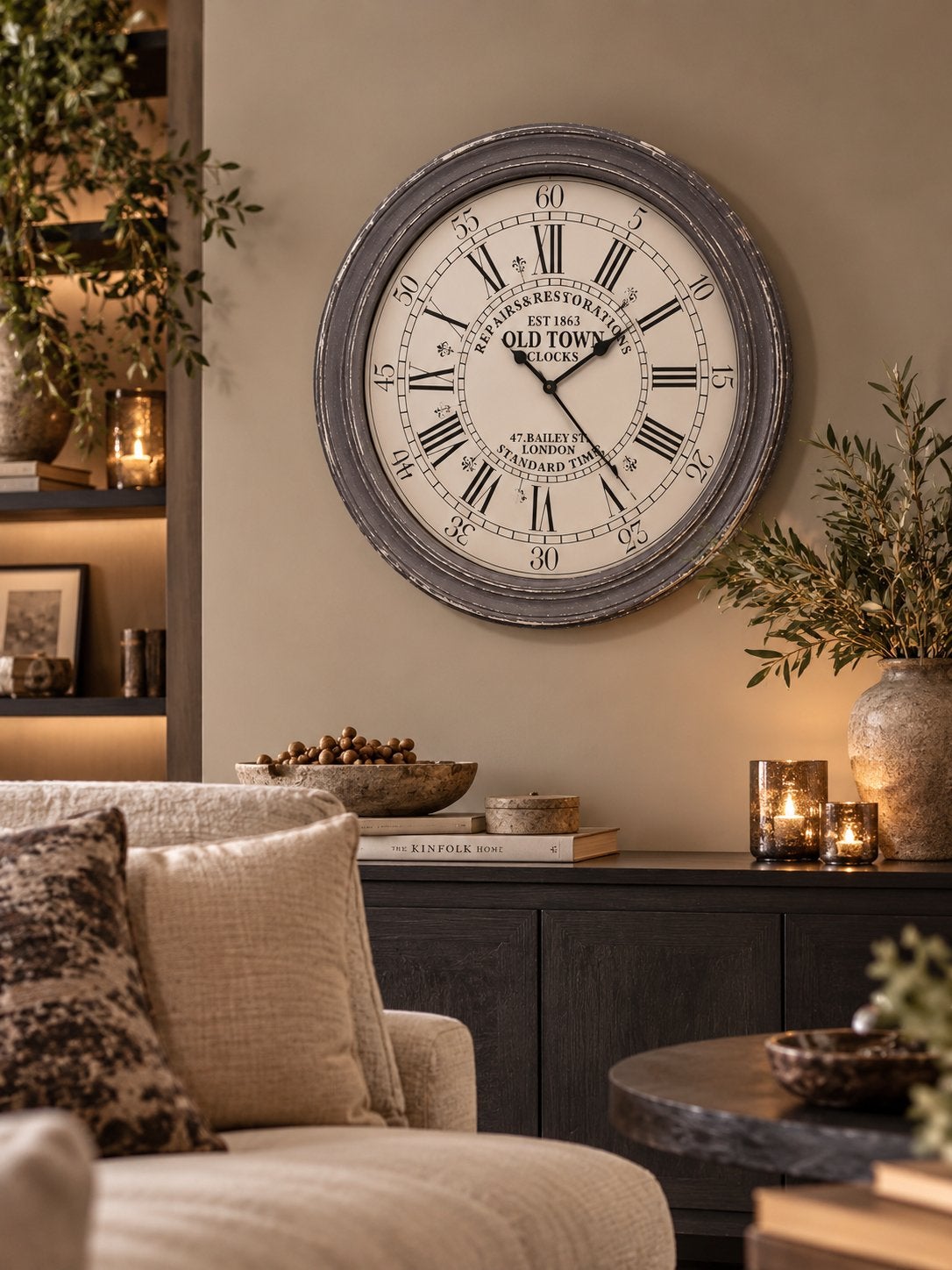 Grote wandklok 'Old Town' - 78cm diameter, Ophalen, Grijs, Vintage, Analoog